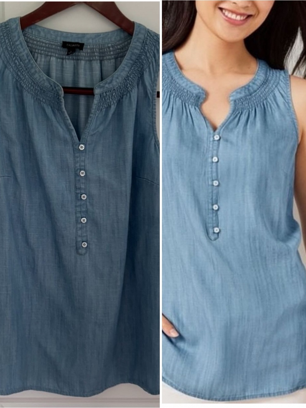 Talbots Tencel Denim Smocked Sleeveless Top